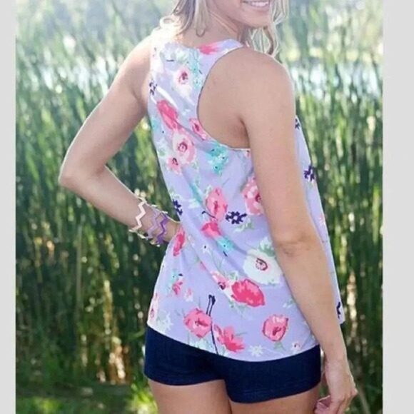 Boutique Everly Preppy Purple Floral Keyhole Neck Racerback Tank Top S - Picture 3 of 6